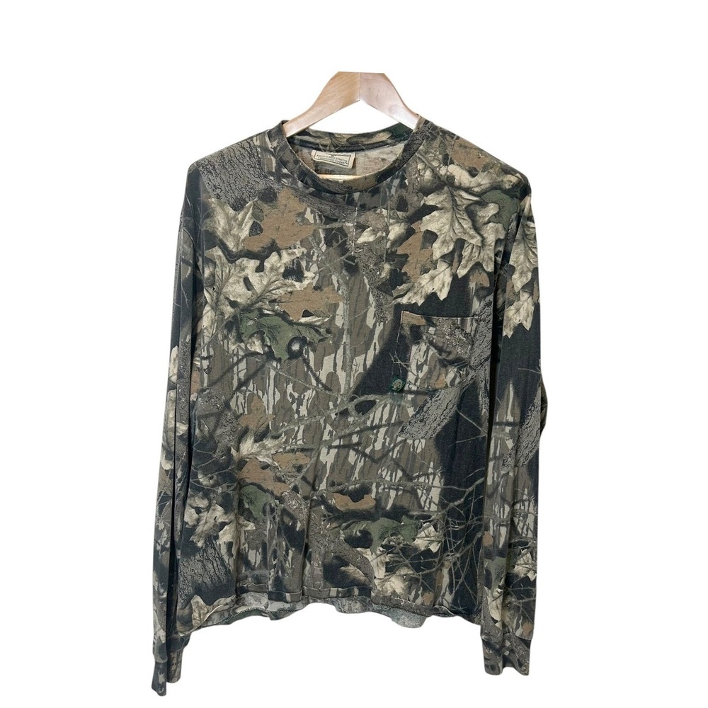 VTG 90s Mossy Oak Break-Up Camo Distressed LS Pocket Tee‎ Large USA Grunge